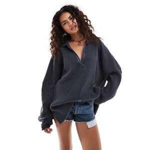 Free People We The Free Travis Waffle Oversized Polo Shirt Washed Black Small